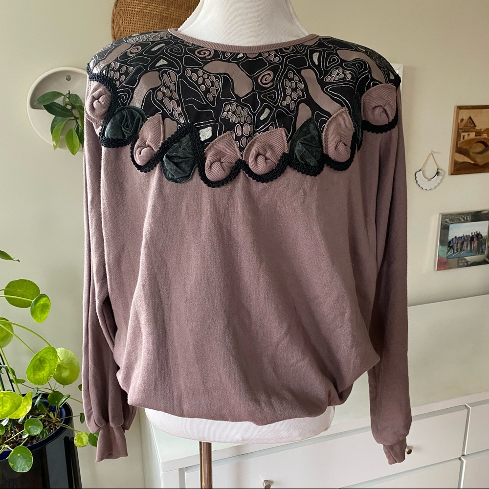 Vintage 80s Rafael Embroidered Embellished Sweatshirt Brown/Black Size M